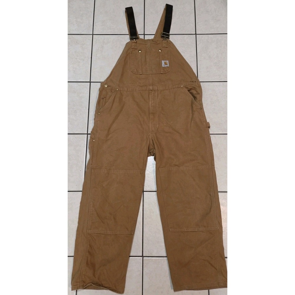Carhartt R01 BRN Unlined Duck Canvas Double Knee Bib Overalls Men 42x32 Brown